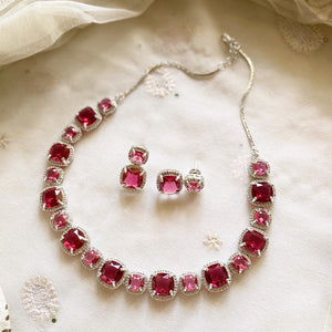 Faux Diamond Doublet neckset - Cool Red