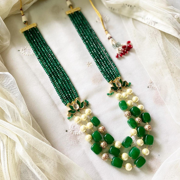 Lotus pendant beaded long mala - Green - Adorna