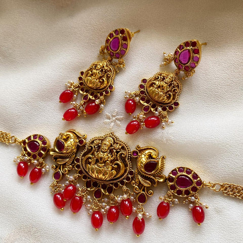 Matte Lakshmi Peacock choker set - Red drops - Full Ruby - Adorna