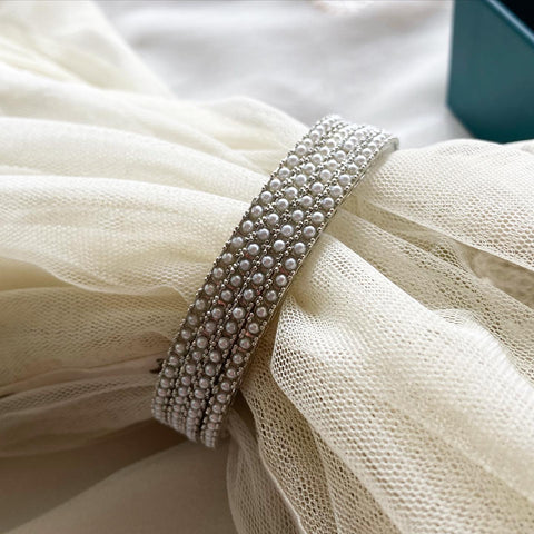 Fancy silver pearl thin bangles - set of 4 - Adorna