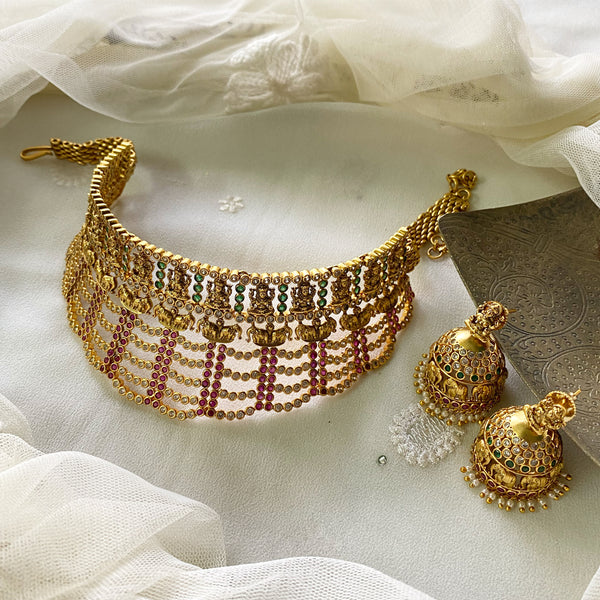 Matte bridal CZ Lakshmi Gaja Choker set - Adorna