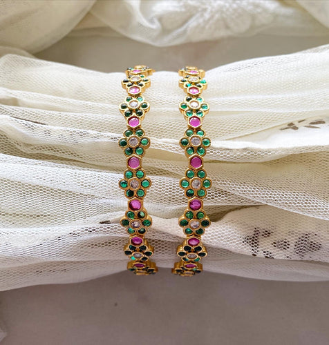 Green kemp floral bangles - set of 2