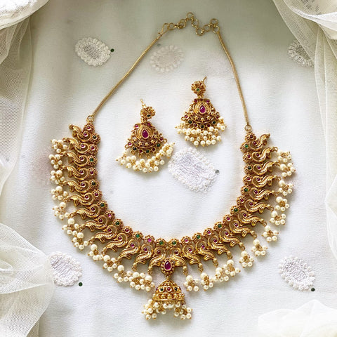 Floral swirl short set with half jumkha pendant - Adorna
