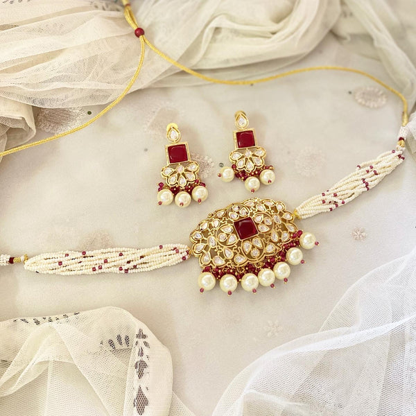 Polki pendant Red sugar beads choker set