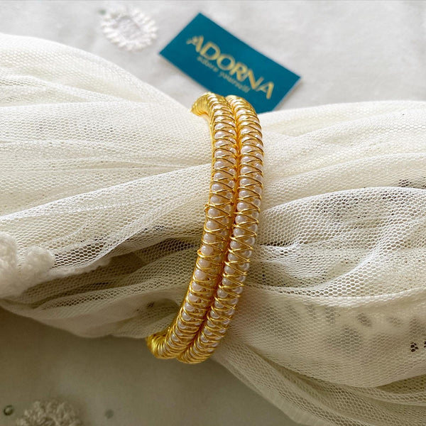 Twin pearl fancy gold bangles - set of 2