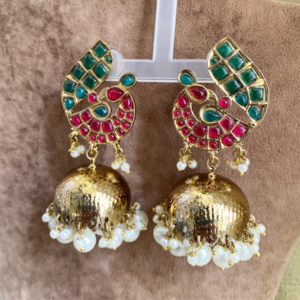 Posha Polki kundan jumkhas - Green-Red