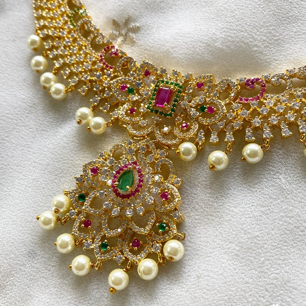 Gold AD floral diamond-grill short set - Ruby-Green