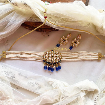 Polki kundan blue floral Choker set