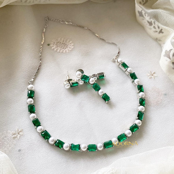 Rectangle CZ Pearl blocks short necklace - Green - Adorna