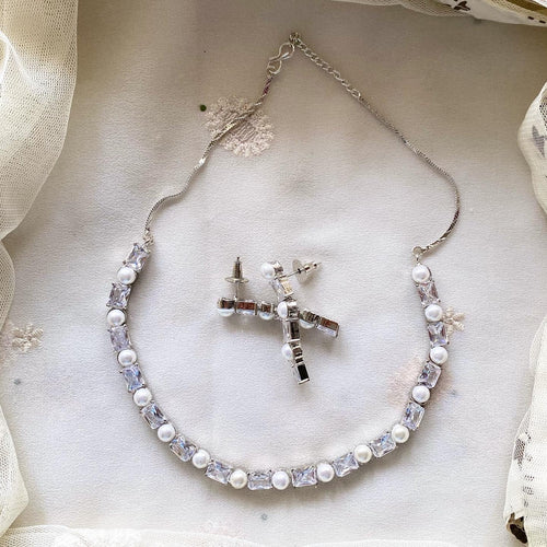Rectangle CZ Pearl blocks short necklace - White