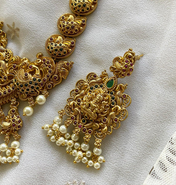 Bridal antique matte Lakshmi Peacock short haaram set - Adorna