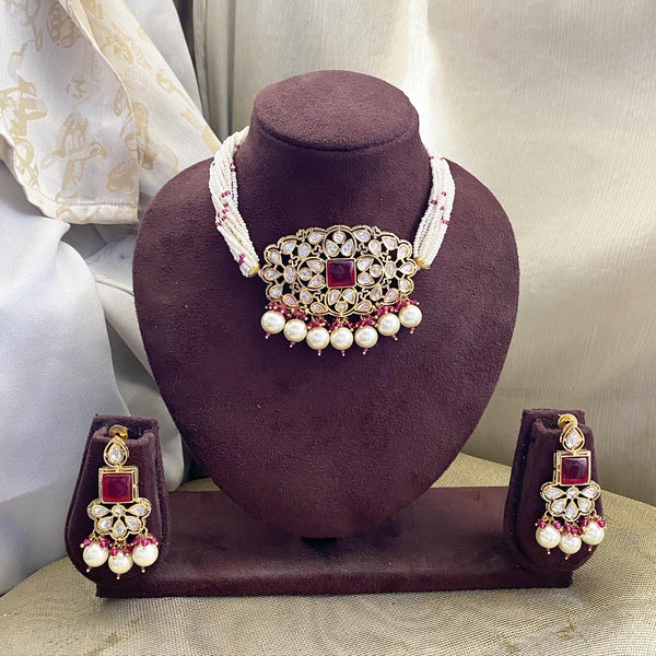 Polki pendant Red sugar beads choker set