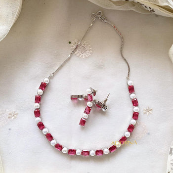 Rectangle CZ Pearl blocks short necklace - Red - Adorna