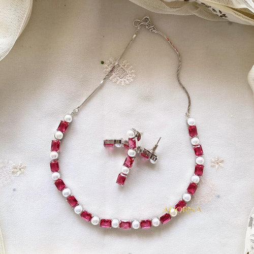 Rectangle CZ Pearl blocks short necklace - Red