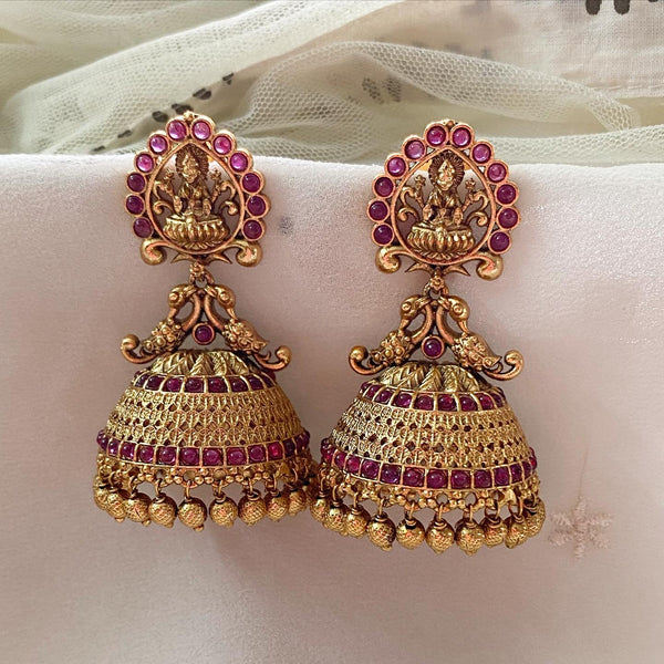 Antique matte Lakshmi Peacock jumkhas - Full Ruby - Adorna