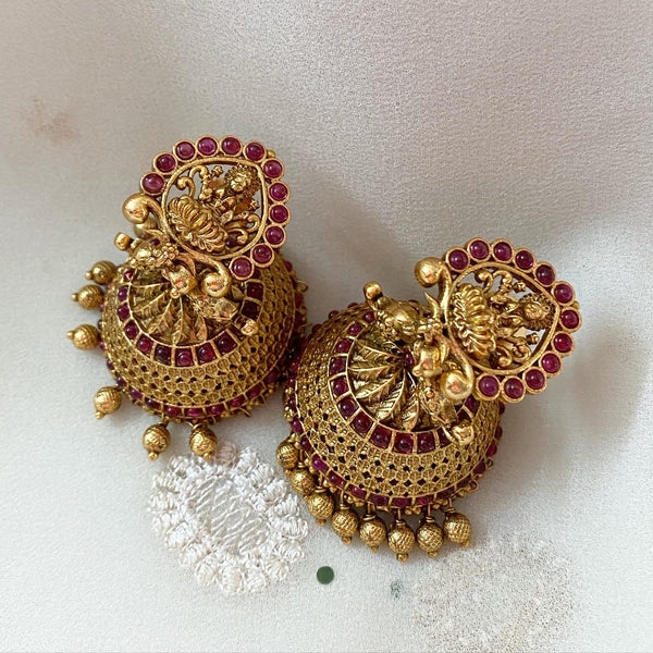 Antique matte Lakshmi Peacock jumkhas - Full Ruby - Adorna