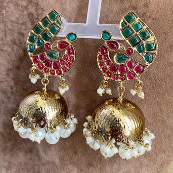 Posha Polki kundan jumkhas - Green-Red