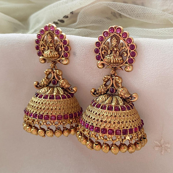 Antique matte Lakshmi Peacock jumkhas - Full Ruby - Adorna