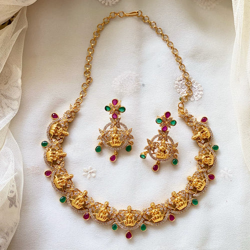 Matte CZ Lakshmi curved clover tear drop neckset - Clearance