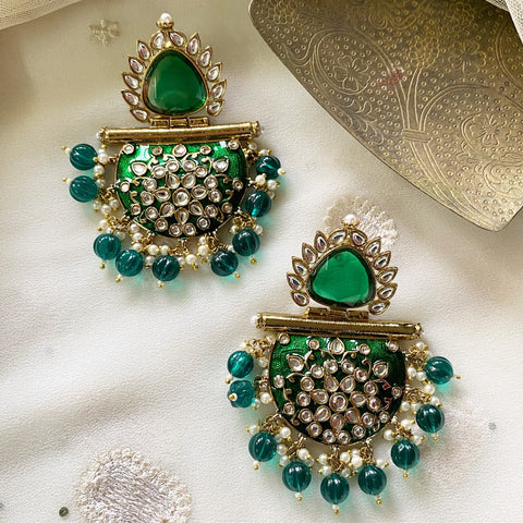 Imperial sparks polki kundan dancing earrings - GREEN - Adorna