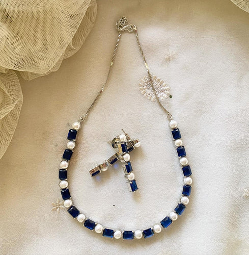 Rectangle CZ Pearl blocks short necklace - Blue