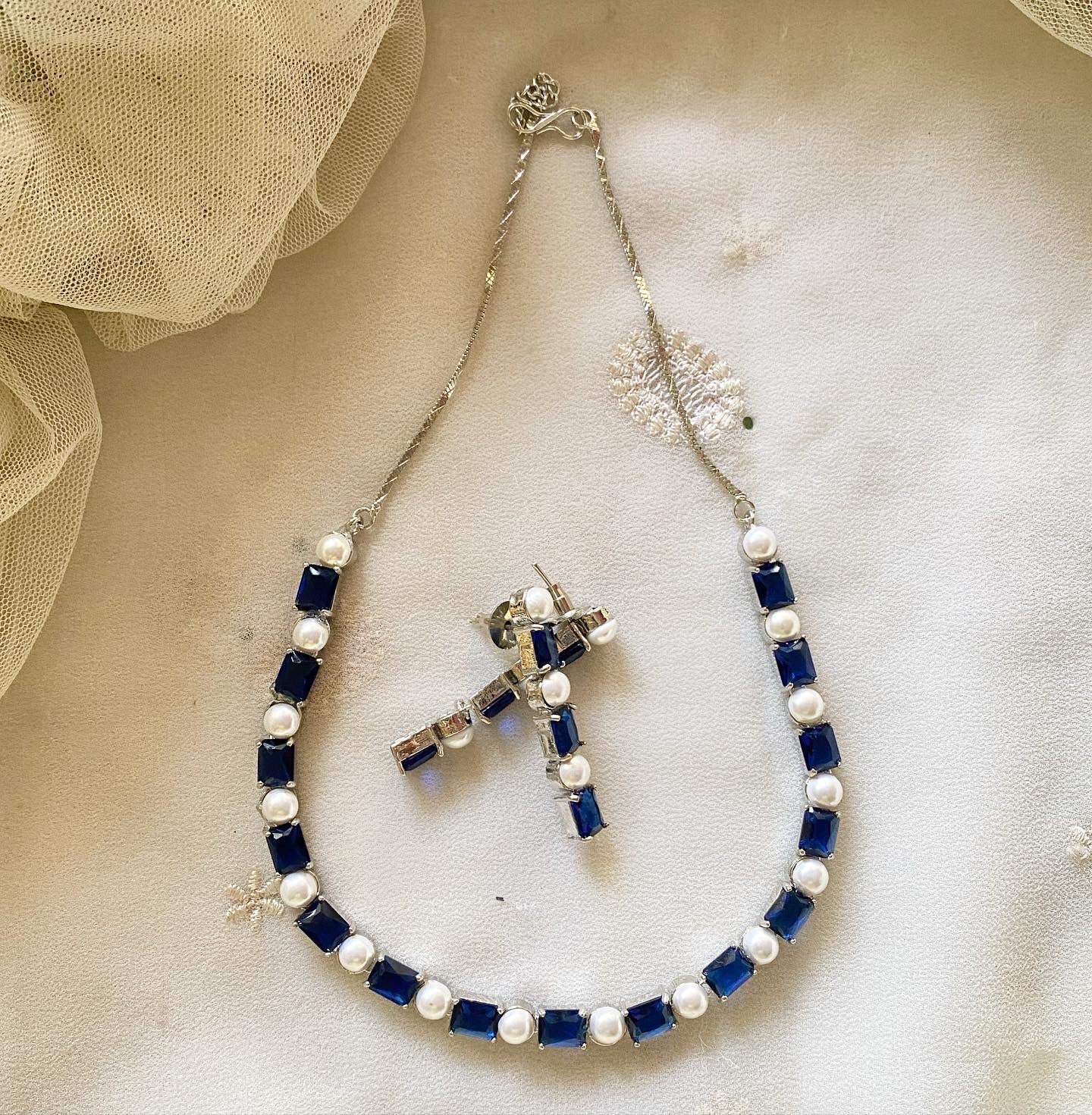 Rectangle CZ Pearl blocks short necklace - Blue - Adorna
