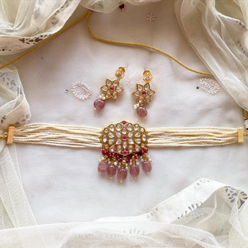 Polki kundan muted pink floral Choker set