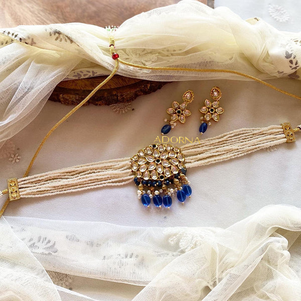 Polki kundan blue floral Choker set