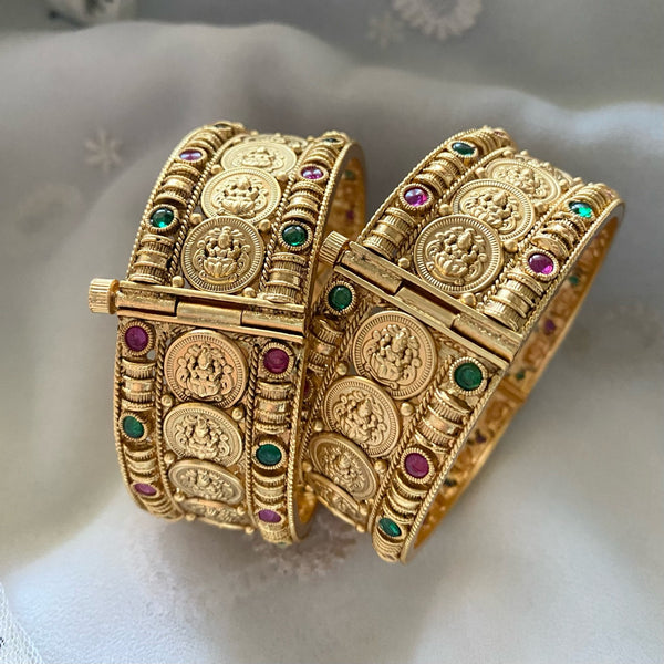 Matte Ruby-Green kemp Lakshmi kada bangles - set of 2