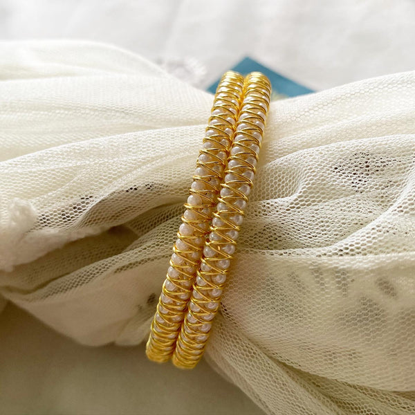 Twin pearl fancy gold bangles - set of 2