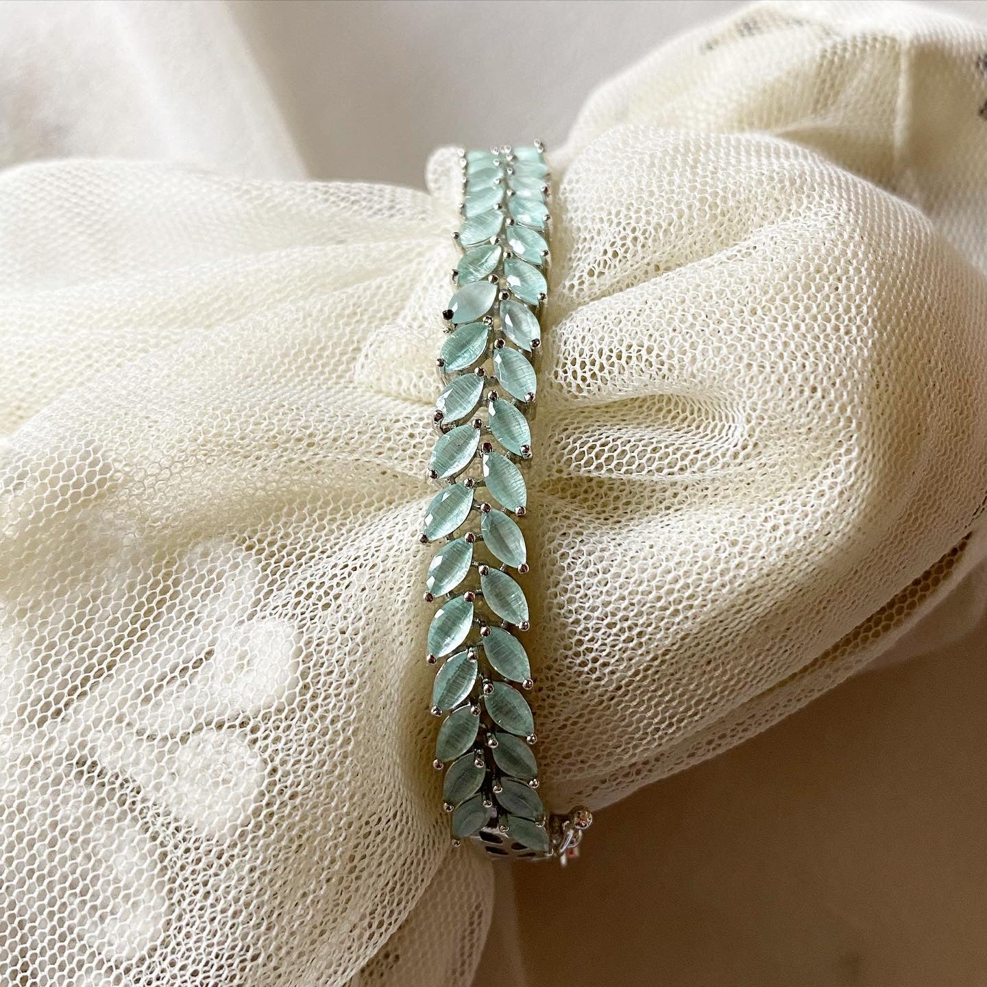 Silver CZ curved leaf bracelet