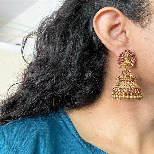 Antique matte Lakshmi Peacock jumkhas - Full Ruby - Adorna